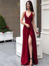 Red V Neck Chiffon Slit Prom Dress LBQ0600